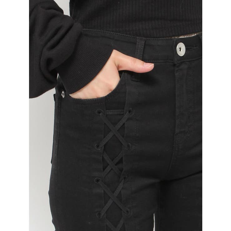 ミドルウエスト フロントレースアップ カラースキニーパンツ[品番