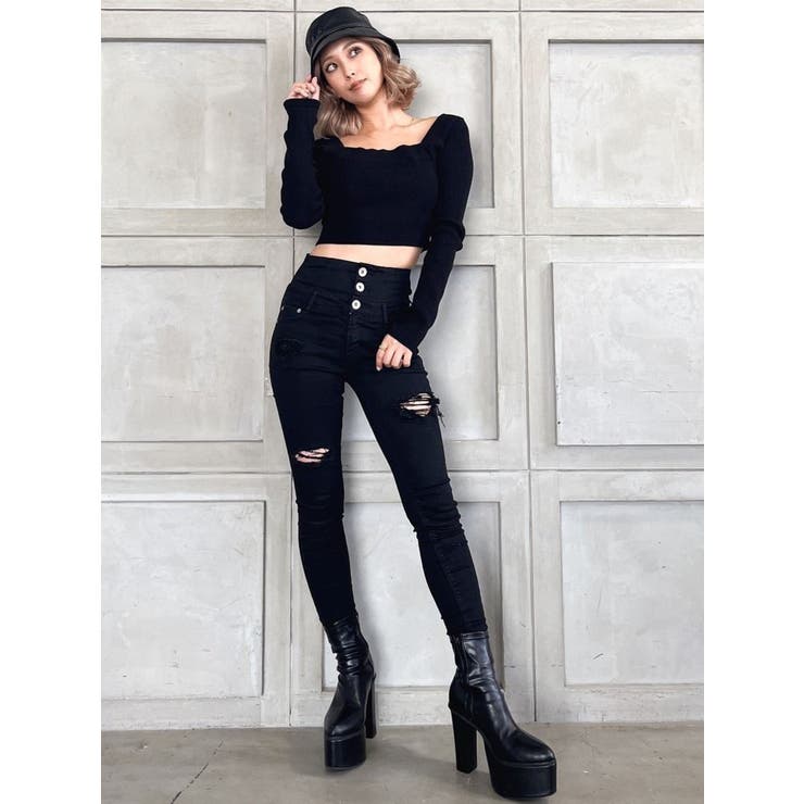 GYDA H/W HEMダメージスキニーデニムパンツ（ブラック