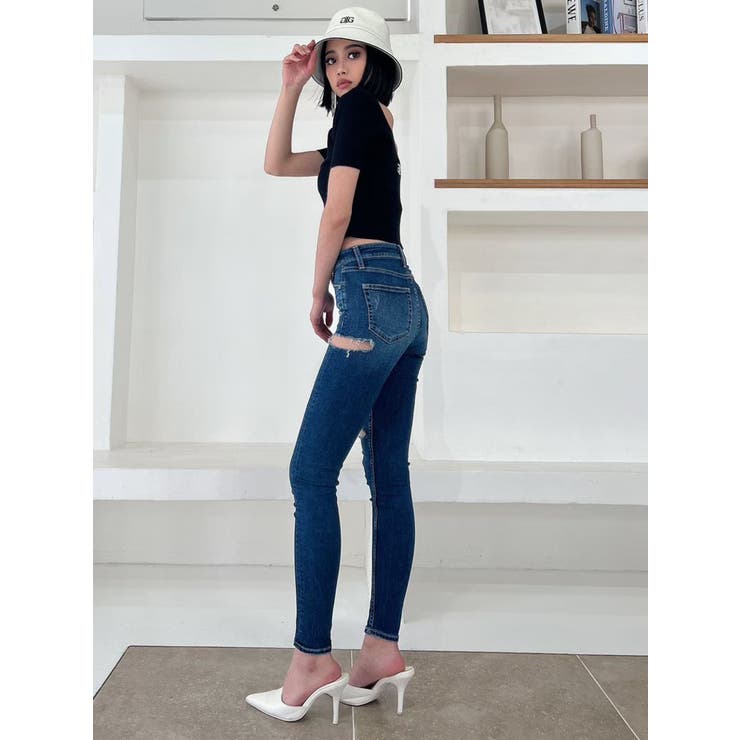 ミドルウエストサイドリップドスキニーデニムパンツ（デニム