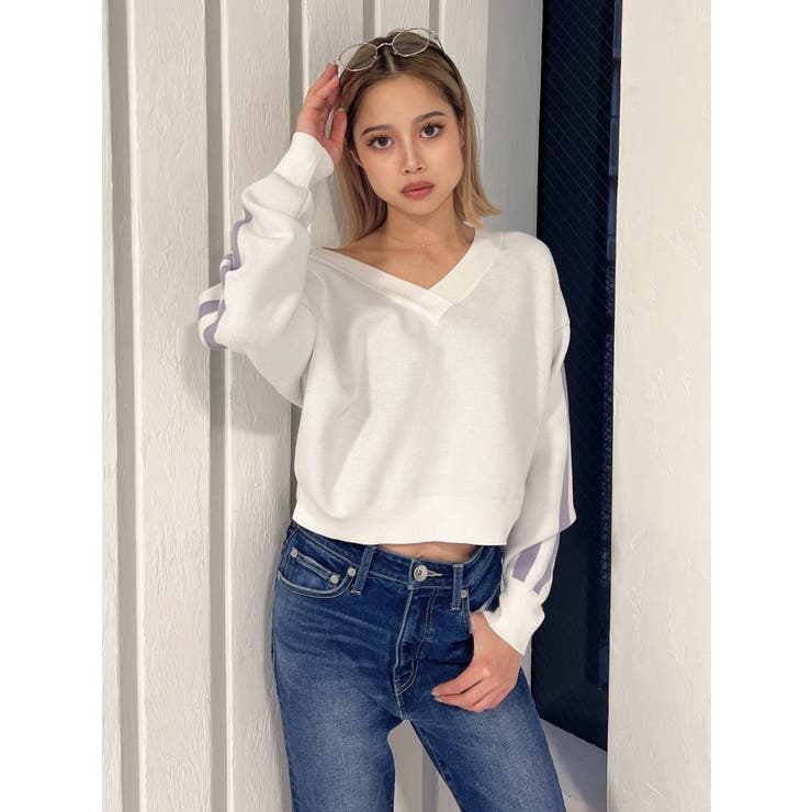 Vネック2ラインショートニットトップス[品番：MKSW0054997]｜GYDA