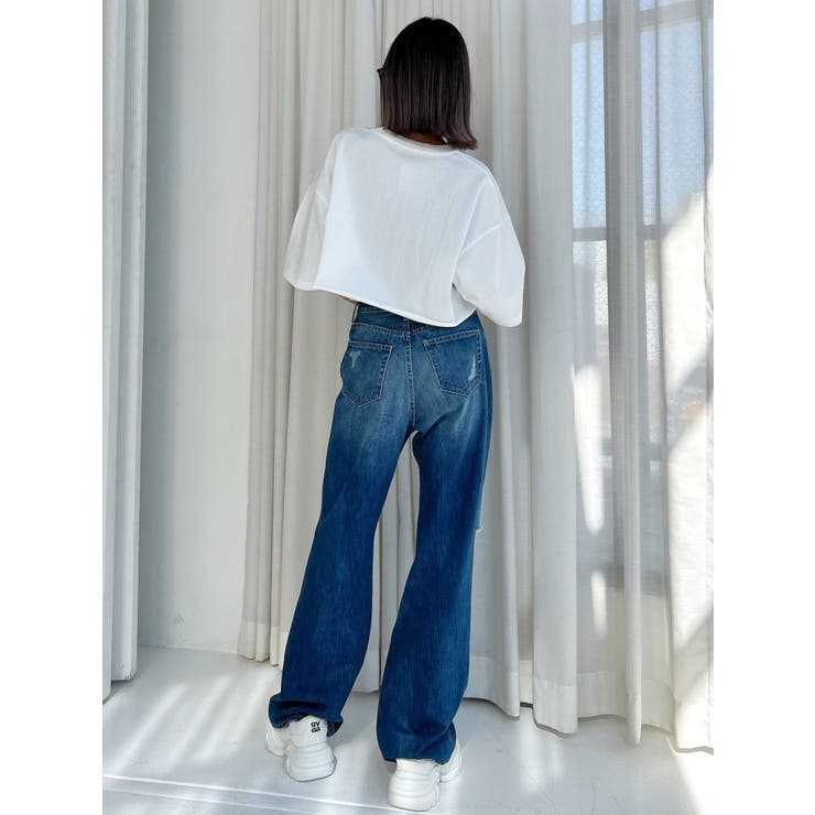 ハイウエスト KNEEダメージワイドデニムパンツ[品番