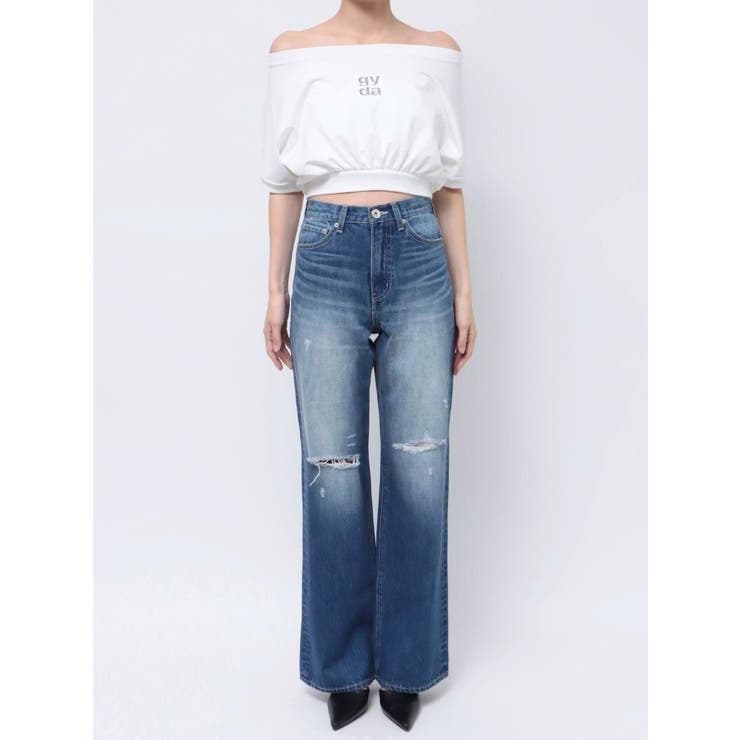 ハイウエスト KNEEダメージワイドデニムパンツ[品番