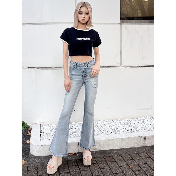ミドルウエスト ダメージフレアデニムパンツ[品番：MKSW0056098