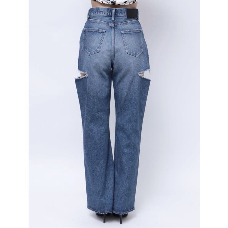 ハイウエストBOTH SIDE RIPPEDストレートワイドデニムパンツ