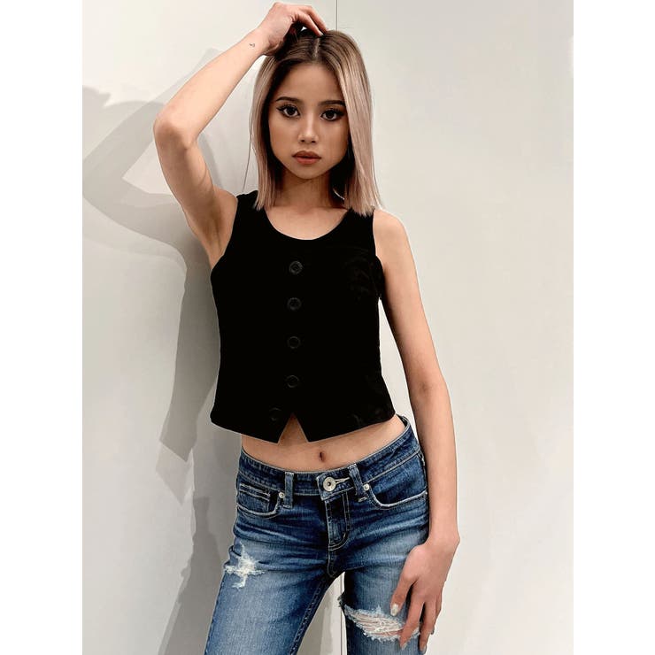 ブラック | タンクトップレイヤードベアブラウス | GYDA