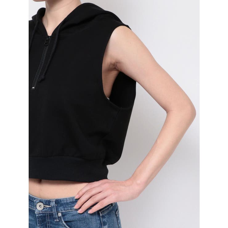 パーカー ノースリーブショートZIPパーカー レディース セール】ハーフZIPノースリーブショートパーカー（Tシャツ