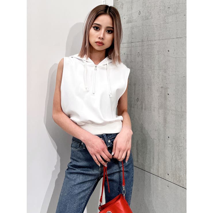 オフホワイト | ハーフZIPノースリーブショートパーカー | GYDA