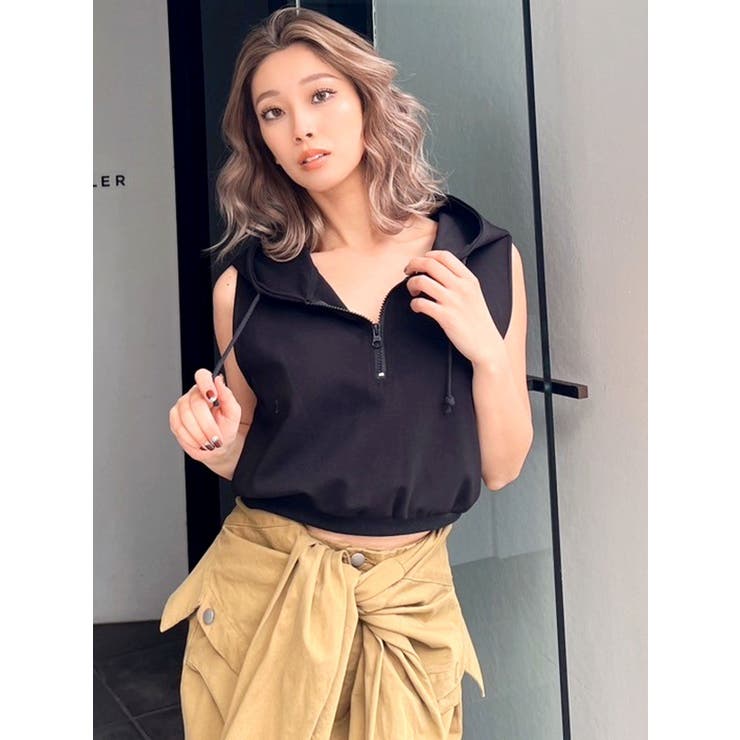 ブラック | ハーフZIPノースリーブショートパーカー | GYDA