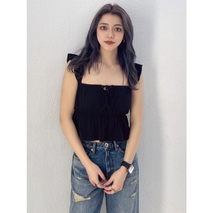 ブラック | リボンフレアリブトップス | GYDA