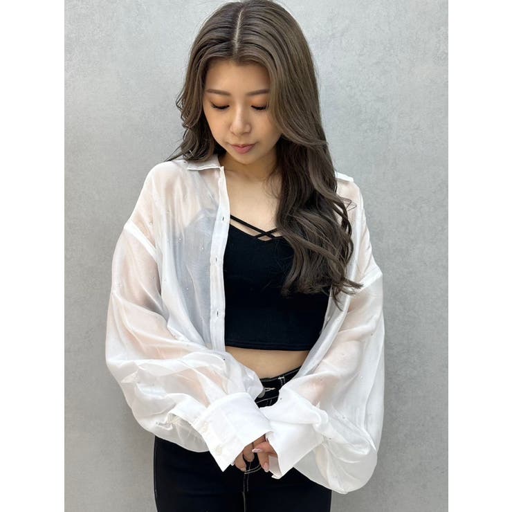 オフホワイト | シアーラインストーンショートシャツ | GYDA