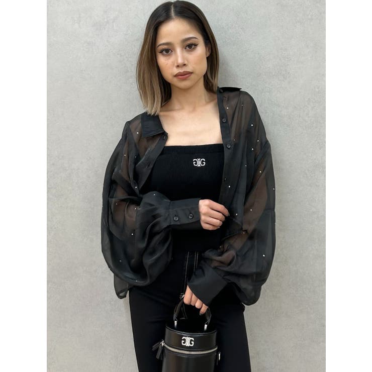 ブラック | シアーラインストーンショートシャツ | GYDA