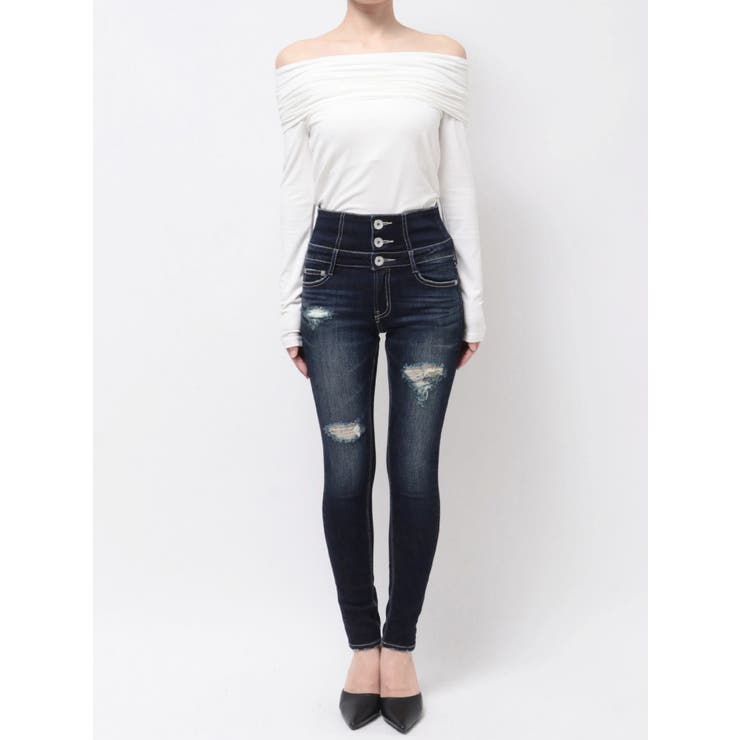 ハイウエストバッククロスダメージスキニーデニムパンツ[品番