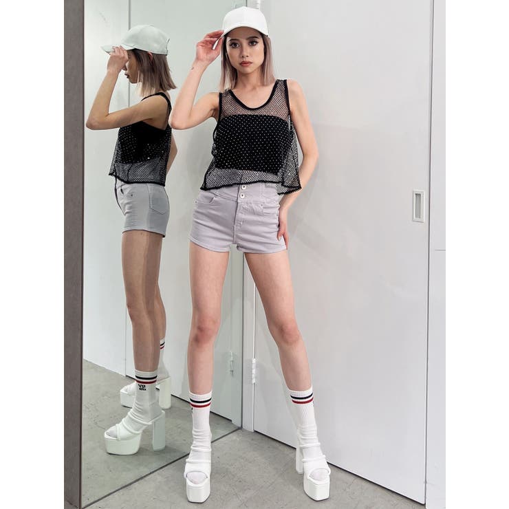 メッシュラインストーントップス[品番：MKSW0058710]｜GYDA