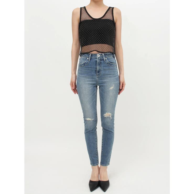 メッシュラインストーントップス[品番：MKSW0058710]｜GYDA
