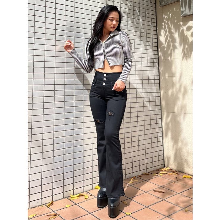 ハイウエストBACKクロスダメージフレアデニムパンツ[品番