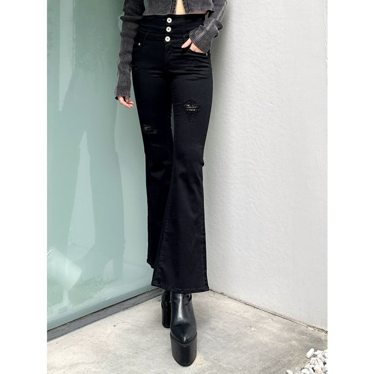 ハイウエストBACKクロスダメージフレアデニムパンツ[品番