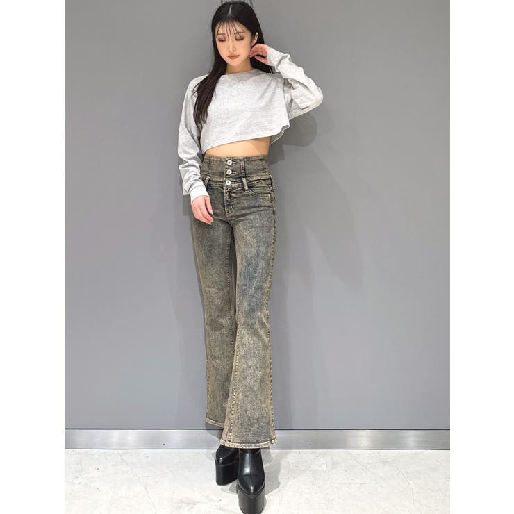 ハイウエストBACKクロスUSEDケミカルウォッシュフレアデニムパンツ 