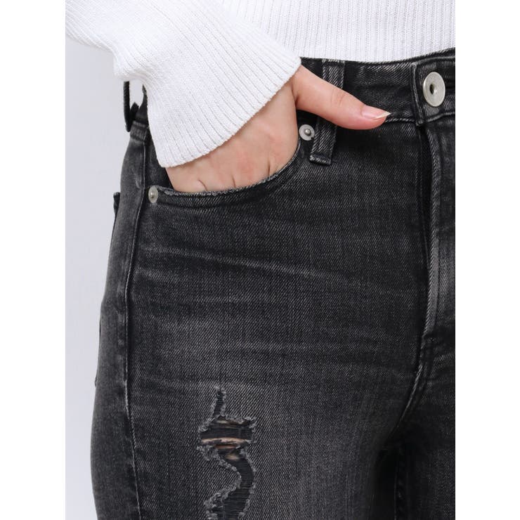 ミドルウエストSIDE RIPPEDスキニーデニムパンツ[品番