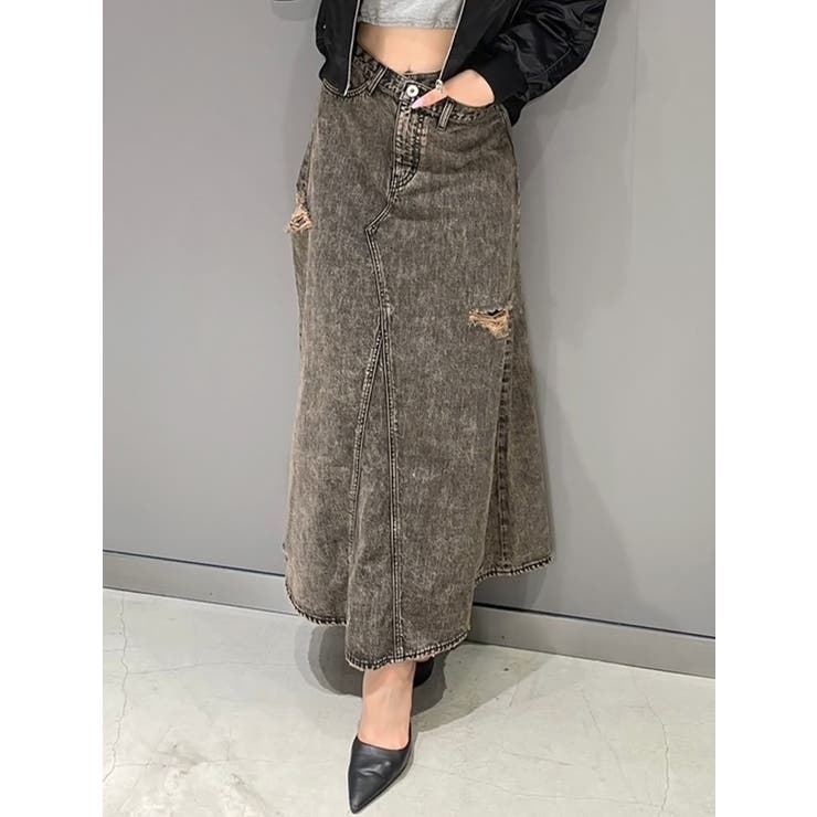 ブラック | MCP SIDERIPPED OVERLAPケミカルデニムロングスカート | GYDA