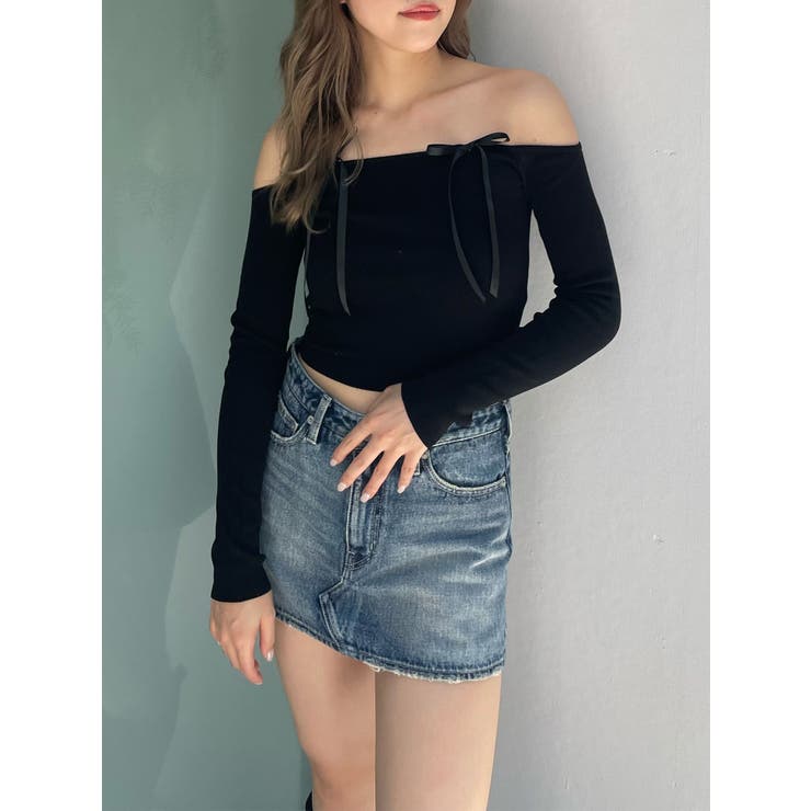 ブラック | 【TINY】オフショルリボンニットトップス | GYDA