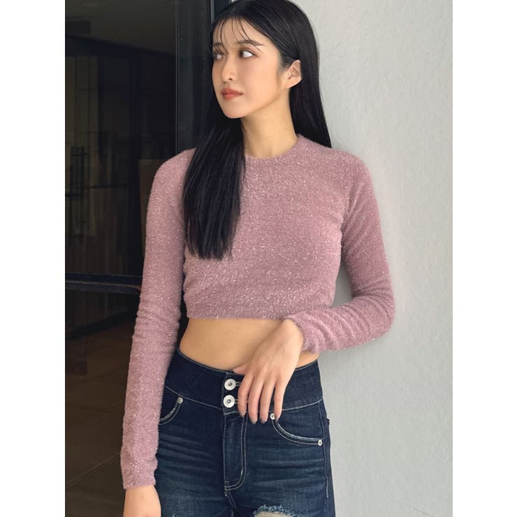 ピンク | BACK リボンラメシャギーショートニットトップス | GYDA