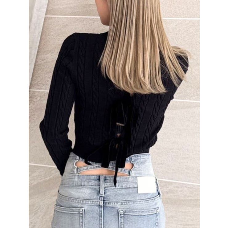 ブラック | BACKリボンケーブル編みニットトップス | GYDA