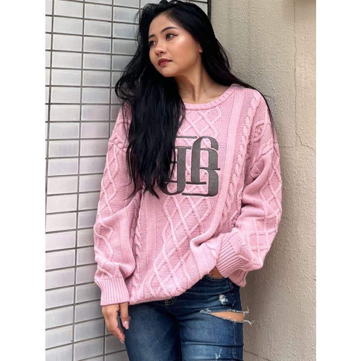 BIG GYGYロゴ刺繍ケーブルニットトップス[品番：MKSW0061075]｜GYDA