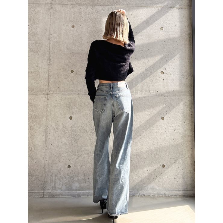 ハイウエストKNEEダメージbijouワイドデニムパンツ[品番