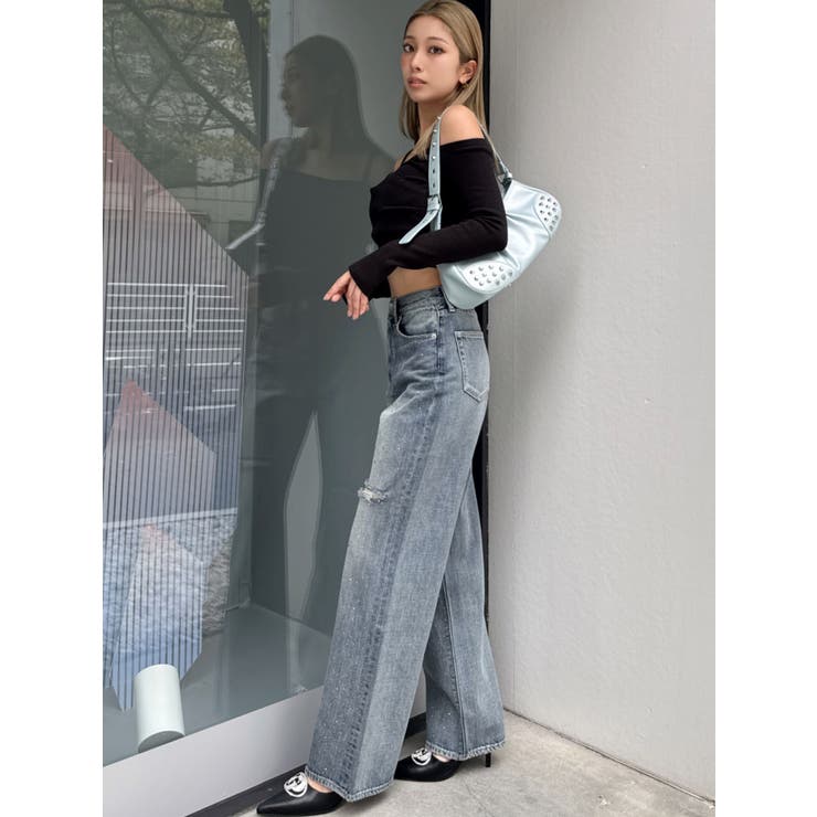 ハイウエストKNEEダメージbijouワイドデニムパンツ[品番