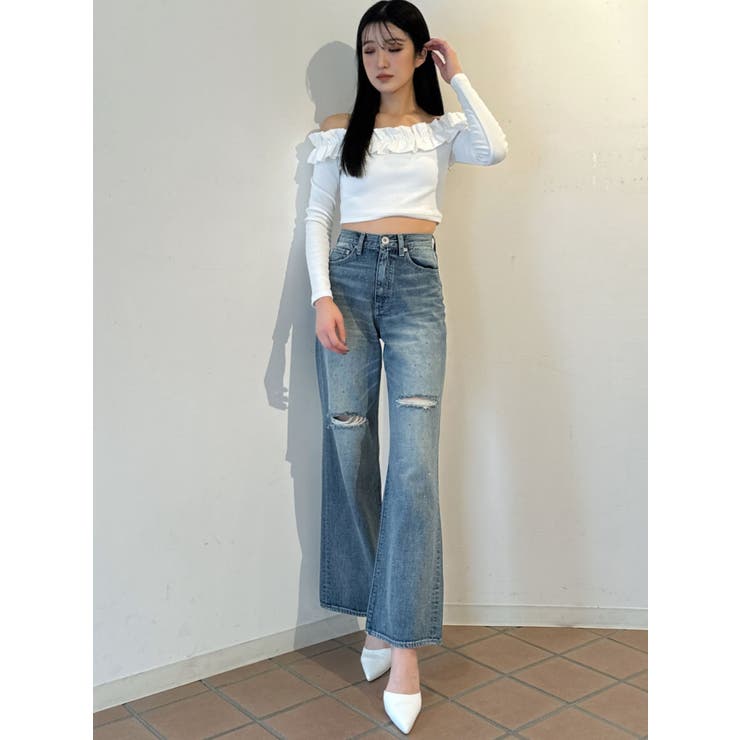 ハイウエストKNEEダメージbijouワイドデニムパンツ[品番