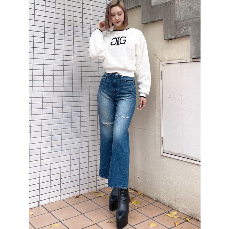 ハイウエストKNEEダメージbijouワイドデニムパンツ | GYDA | 詳細画像37 