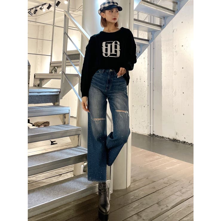 ❤️ Ying様　お纏め品 ハイウエストKNEEダメージbijouワイドデニムパンツ[品番