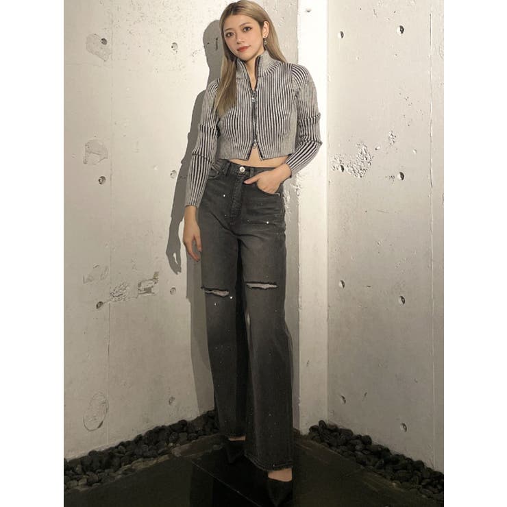 ハイウエストKNEEダメージbijouワイドデニムパンツ | GYDA | 詳細画像47 