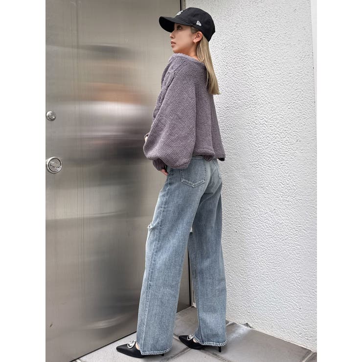 ハイウエストKNEEダメージbijouワイドデニムパンツ | GYDA | 詳細画像7 
