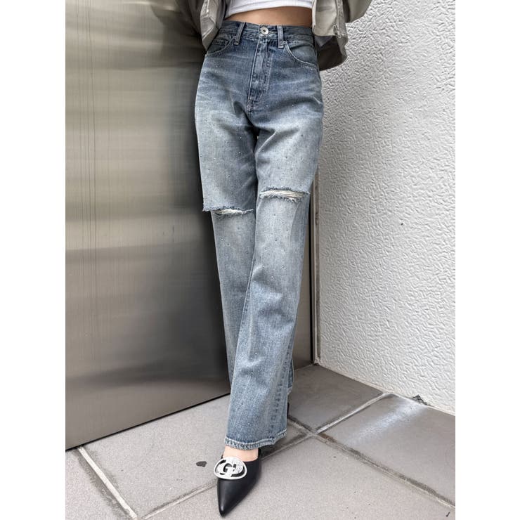 ハイウエストKNEEダメージbijouワイドデニムパンツ[品番