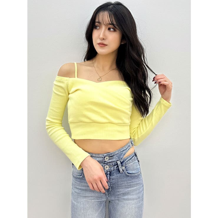 ラスト1点！GYDA カシュクールデザインオフショルトップス ライトイエロー 割引ファッション - ラスト1点！GYDA カシュクールデザイン