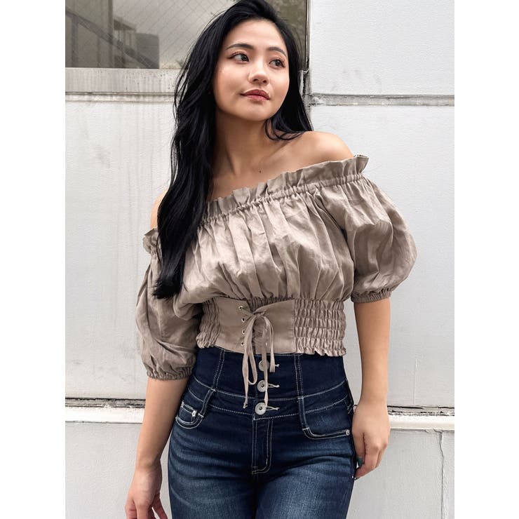 ベージュ | 2WAYギャザーオフショルコルセットブラウス | GYDA