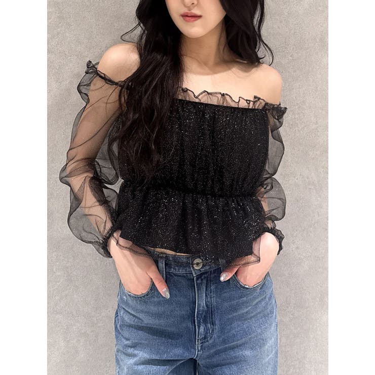 ブラック | ラメチュールオフショルブラウス | GYDA