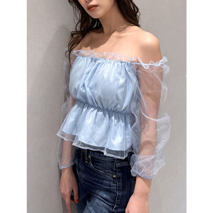 スカイブルー | ラメチュールオフショルブラウス | GYDA