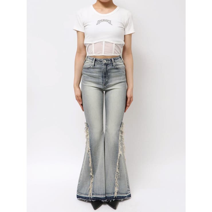 haiyaaaさま専用ページ ハイウエストSIDE BELT CUTデザインフレアデニムパンツ[品番