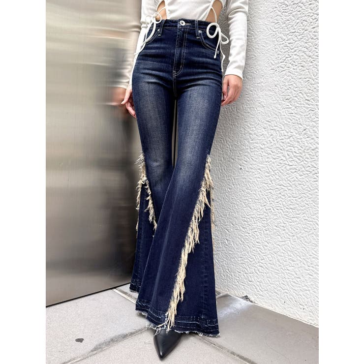インディゴ | ハイウエストSIDEフリンジフレアデニムパンツ | GYDA