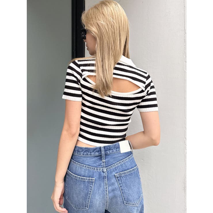 BACK OPENハーフスリーブPOLOニットトップス | GYDA | 詳細画像3 