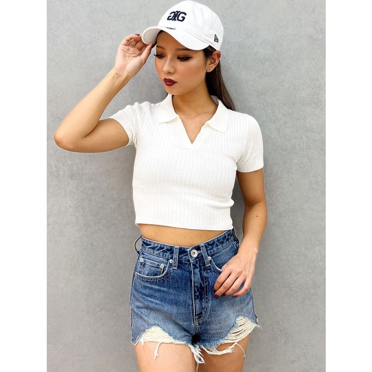 BACK OPENハーフスリーブPOLOニットトップス | GYDA | 詳細画像34 