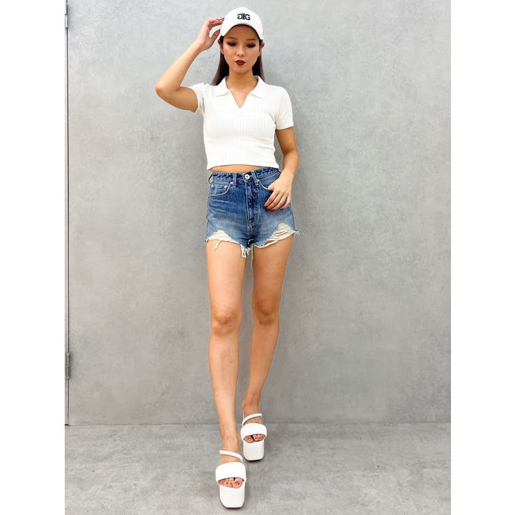 BACK OPENハーフスリーブPOLOニットトップス | GYDA | 詳細画像37 