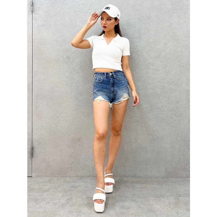 BACK OPENハーフスリーブPOLOニットトップス | GYDA | 詳細画像38 