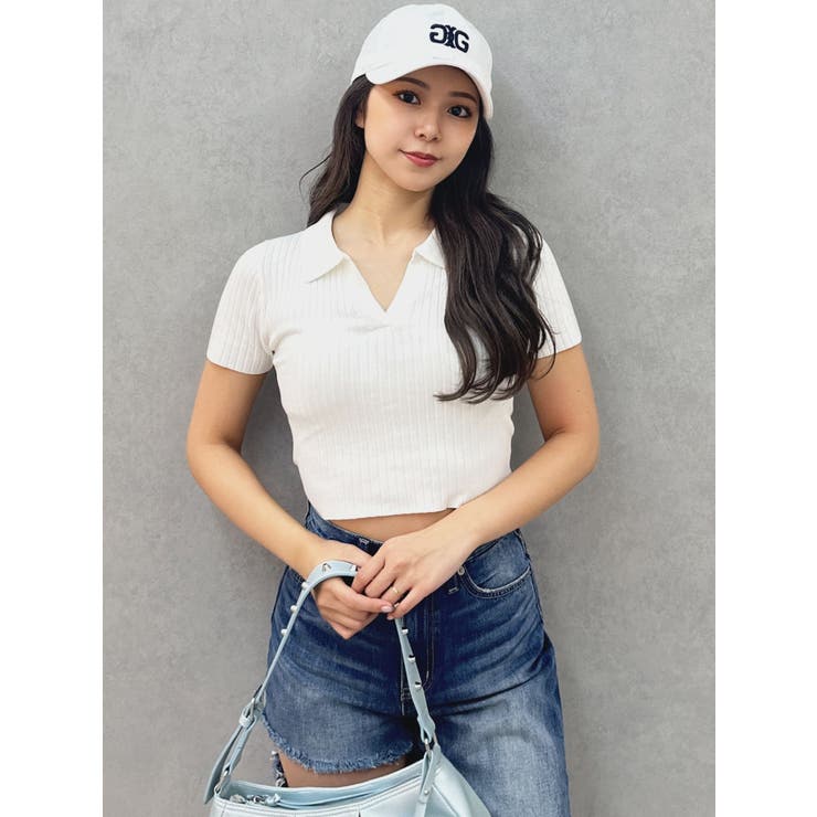 オフホワイト | BACK OPENハーフスリーブPOLOニットトップス | GYDA