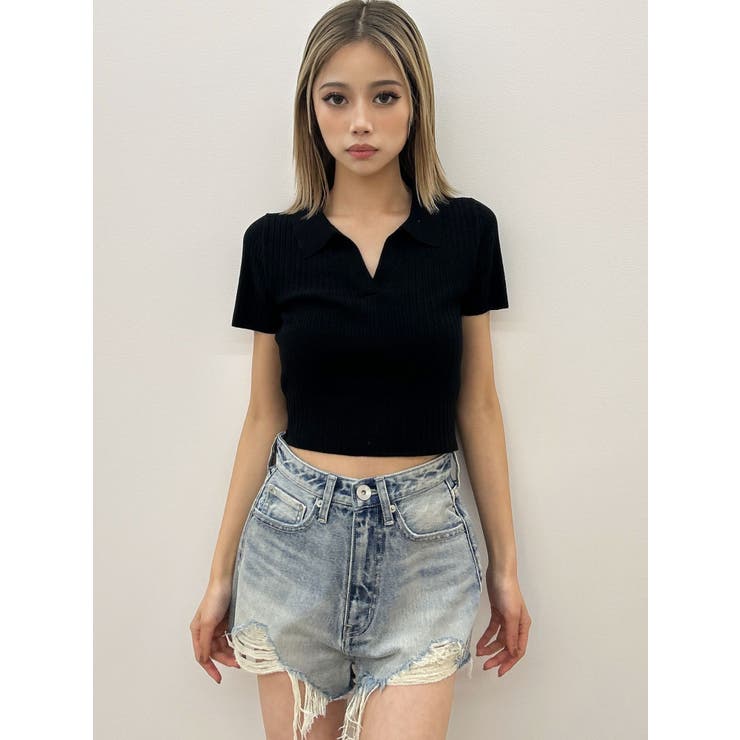 BACK OPENハーフスリーブPOLOニットトップス[品番：MKSW0063459