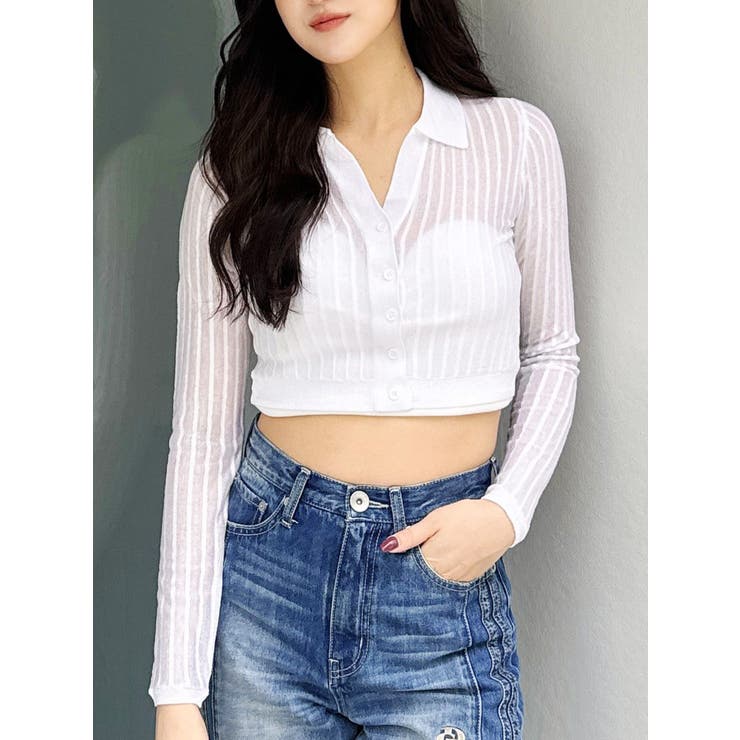 オフホワイト | シアーニットポロトップス | GYDA