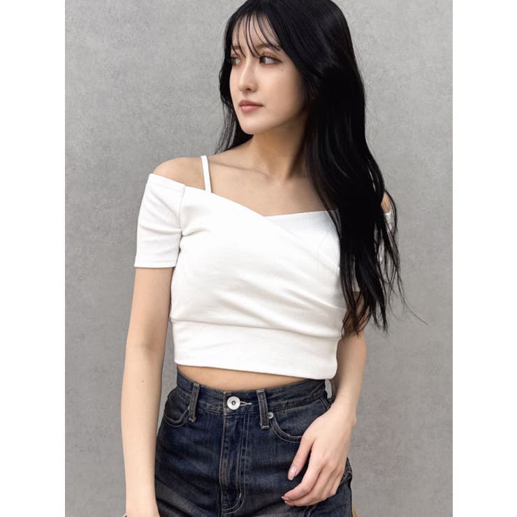 ラスト1点！GYDA ハーフスリーブカシュクールオフショルショートTOPS WH ジェイダ GYDA ハーフスリーブカシュクールオフショルショート