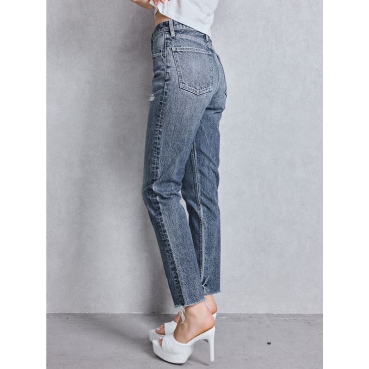 GYDA ハイウエストVintage Edge ダメージストレートデニムパンツS セール】ハイウエストVintage Edge ダメージストレートデニム